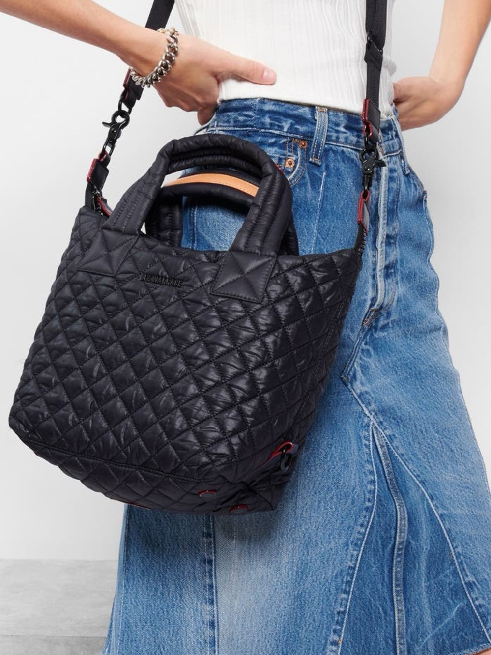 MZ Wallace Black Quilted Small Metro Tote with Tan Top Handle